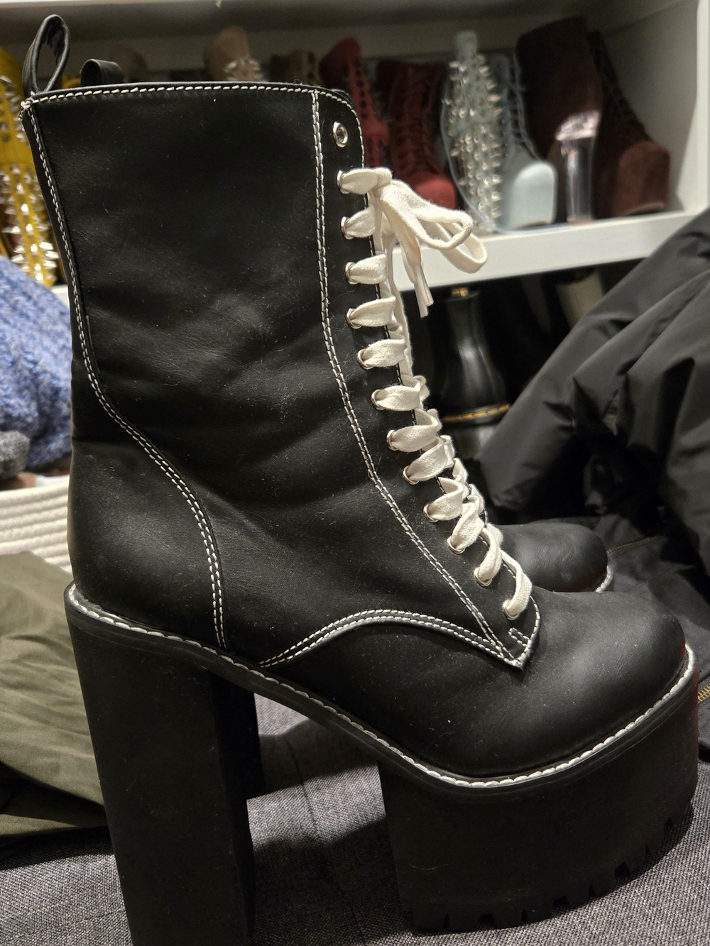 Current Mood Black Platform Lace-Up Ankle Boots with White Laces